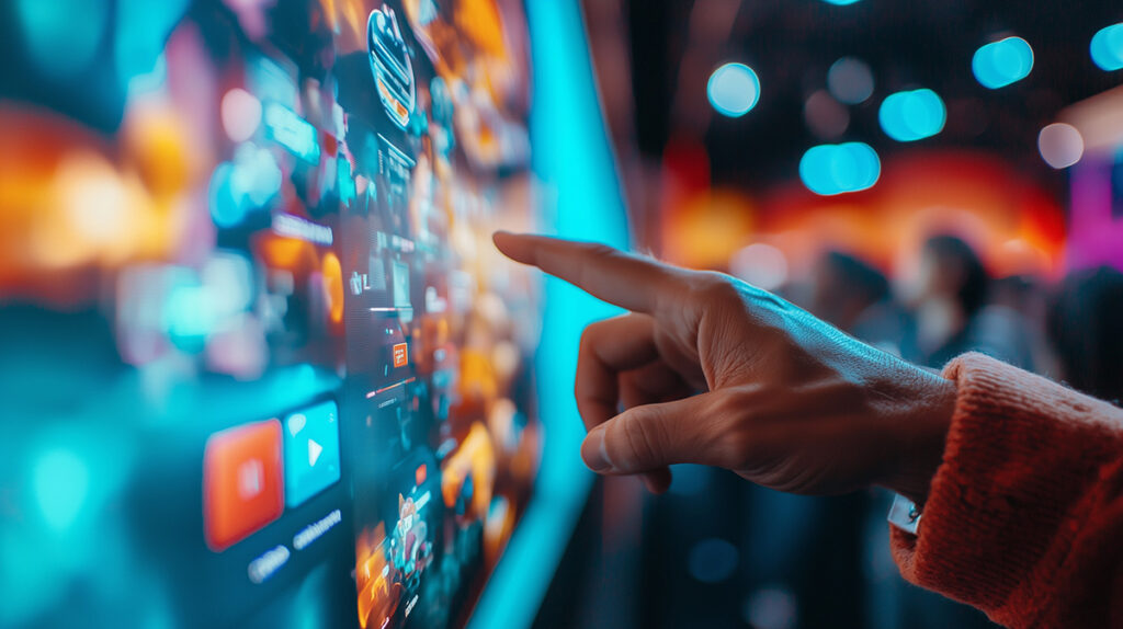 Close-up of hands pointing at interactive touchscreen TV