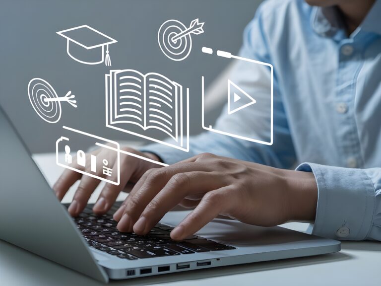 online-education-e-learning-man-hands-taps-laptop