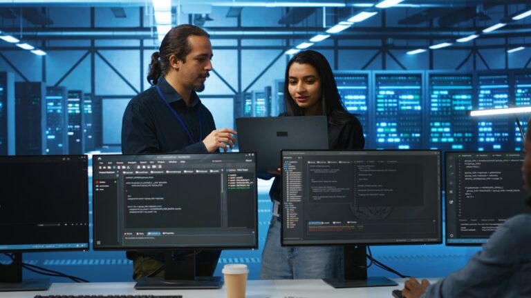 Programmer and supervisor in server room doing brainstorming